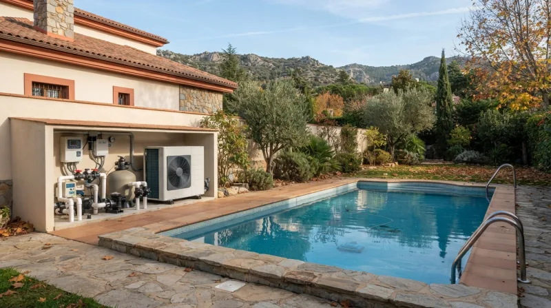 Vaso de piscina en reforma con revestimiento de gres porcelánico nuevo en una vivienda de Torrelodones