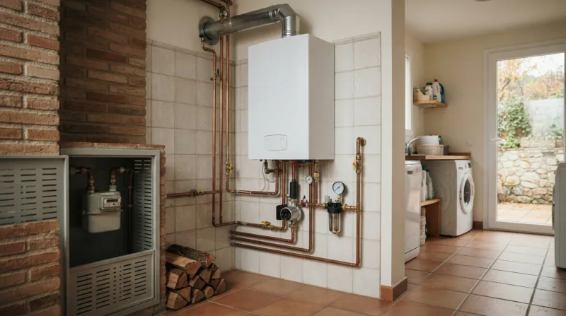 Técnico reparando una caldera de gas en una vivienda unifamiliar de Alpedrete