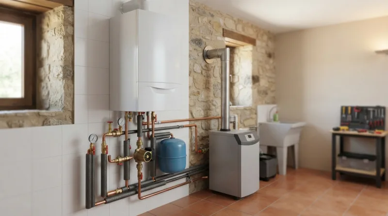 Técnico revisando la presión de una caldera de gas en una vivienda unifamiliar de Collado Mediano