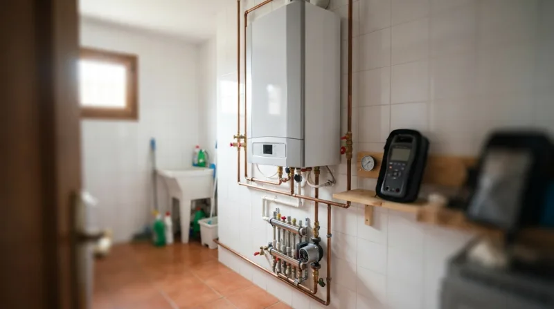 Técnico revisando la caldera de gas en una vivienda unifamiliar de Becerril de la Sierra antes del invierno, con manómetro y analizador de combustión.