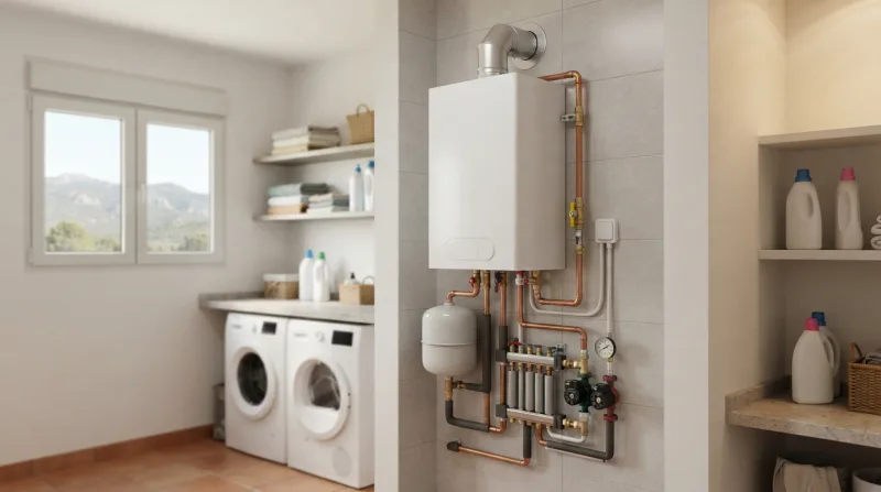 Técnico realizando la revisión obligatoria de una caldera de gas en una vivienda de Guadarrama