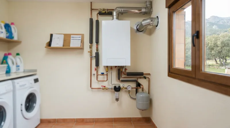 Técnico revisando una caldera de gas en una vivienda de Navacerrada durante el otoño