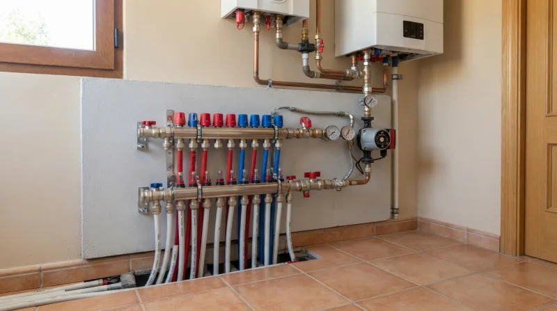 Colector de suelo radiante con rotámetros y válvulas, revisado por un técnico en una vivienda unifamiliar