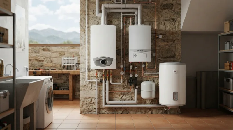 Comparativa de sistemas de agua caliente: termo eléctrico, caldera de gas y bomba de aerotermia instalados en una vivienda unifamiliar.