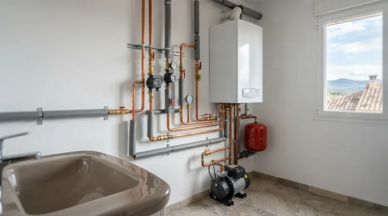 Tuberías de fontanería en una vivienda unifamiliar, mostrando una válvula y un grifo cerrado, con enfoque en el sistema de agua.