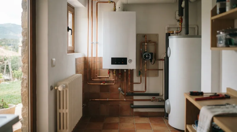 Radiador de pared en un salón con termostato, durante una revisión de calefacción en otoño en una vivienda unifamiliar de la Sierra de Madrid
