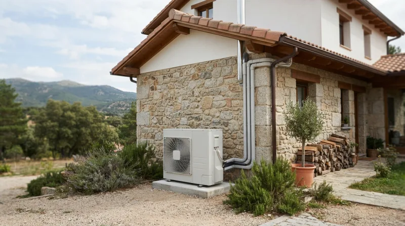 Unidad split de aire acondicionado en modo calor en un salón de una vivienda unifamiliar, con mando a distancia y ambiente acogedor.
